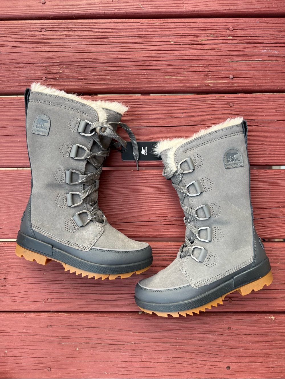 Sorel Gray Lace-Up Winter Boots with Tan Lug Sole